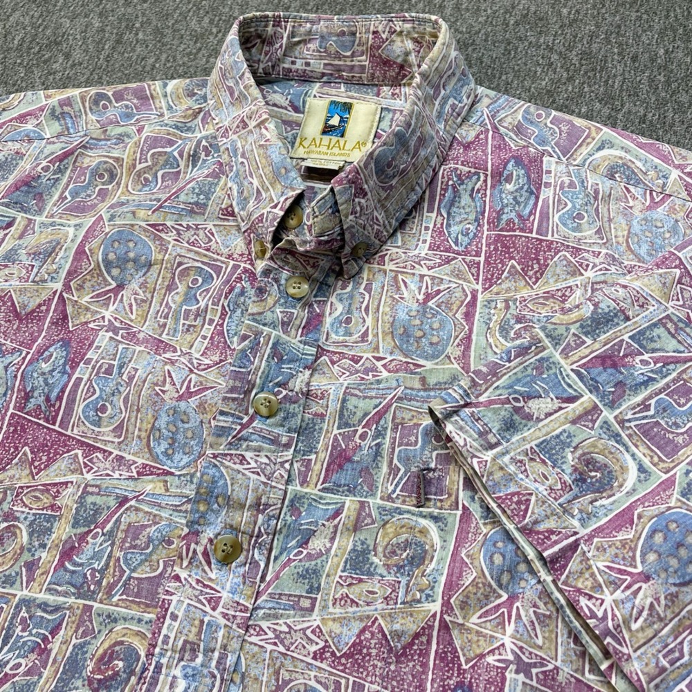 Kahala Mens Large Hawaiian Shirt Purple Abstract Ukelele Cotton Popover Hawaii